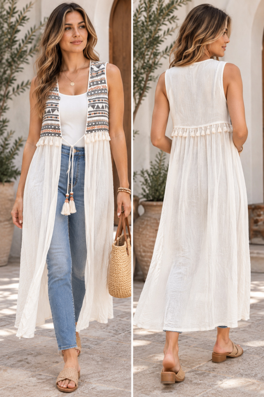 Knox Rose Womens XXL Boho Long Vest Duster Ivory Embroidered Tassel Open Front